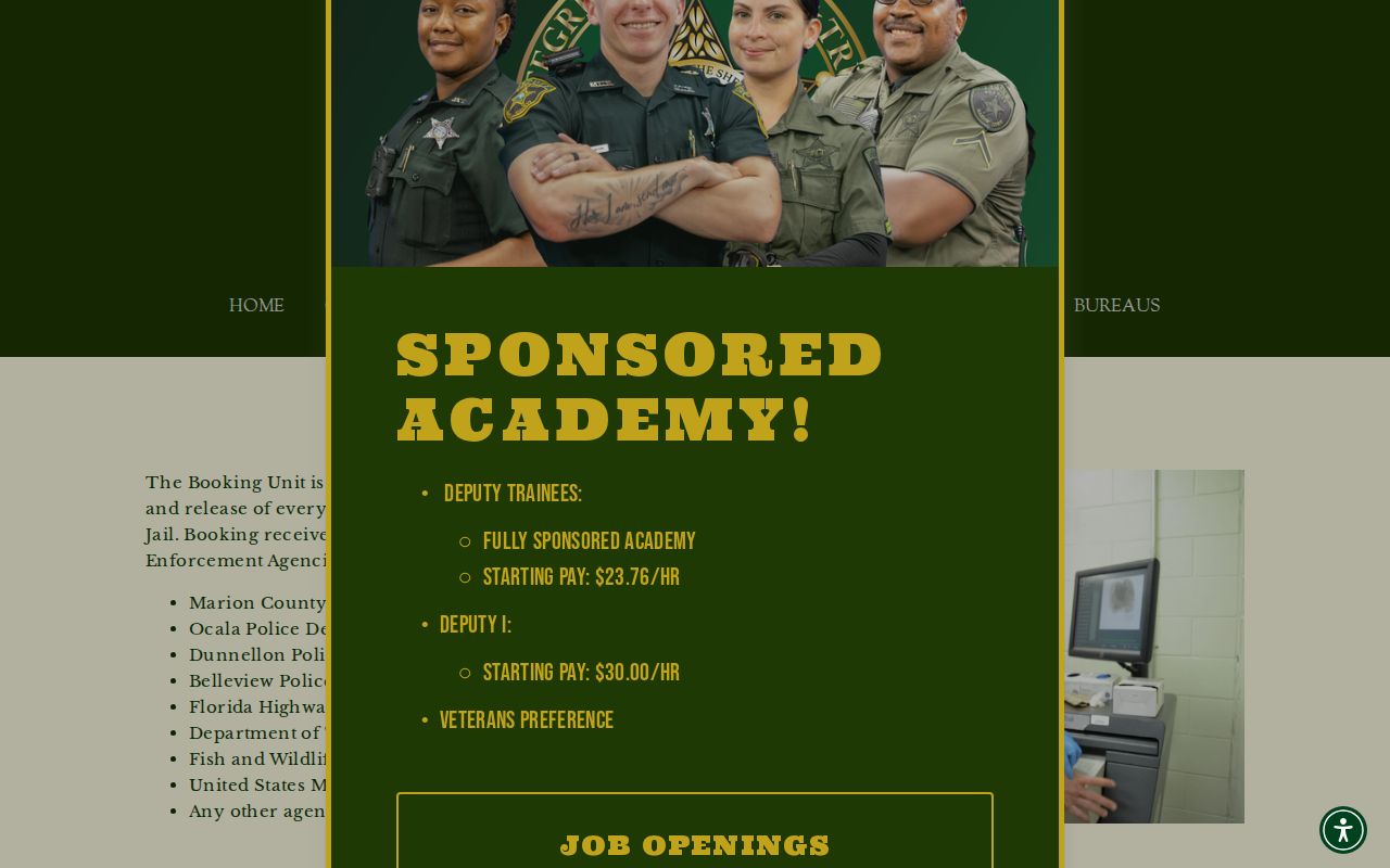 Marion County Sheriff's Office inmate booking page explaining the countywide booking unit