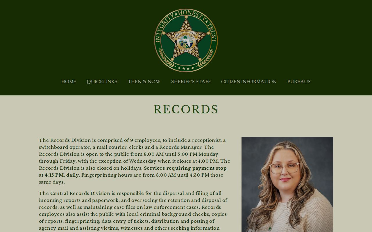 Marion County Sheriff Records page showing custodian contact and request methods