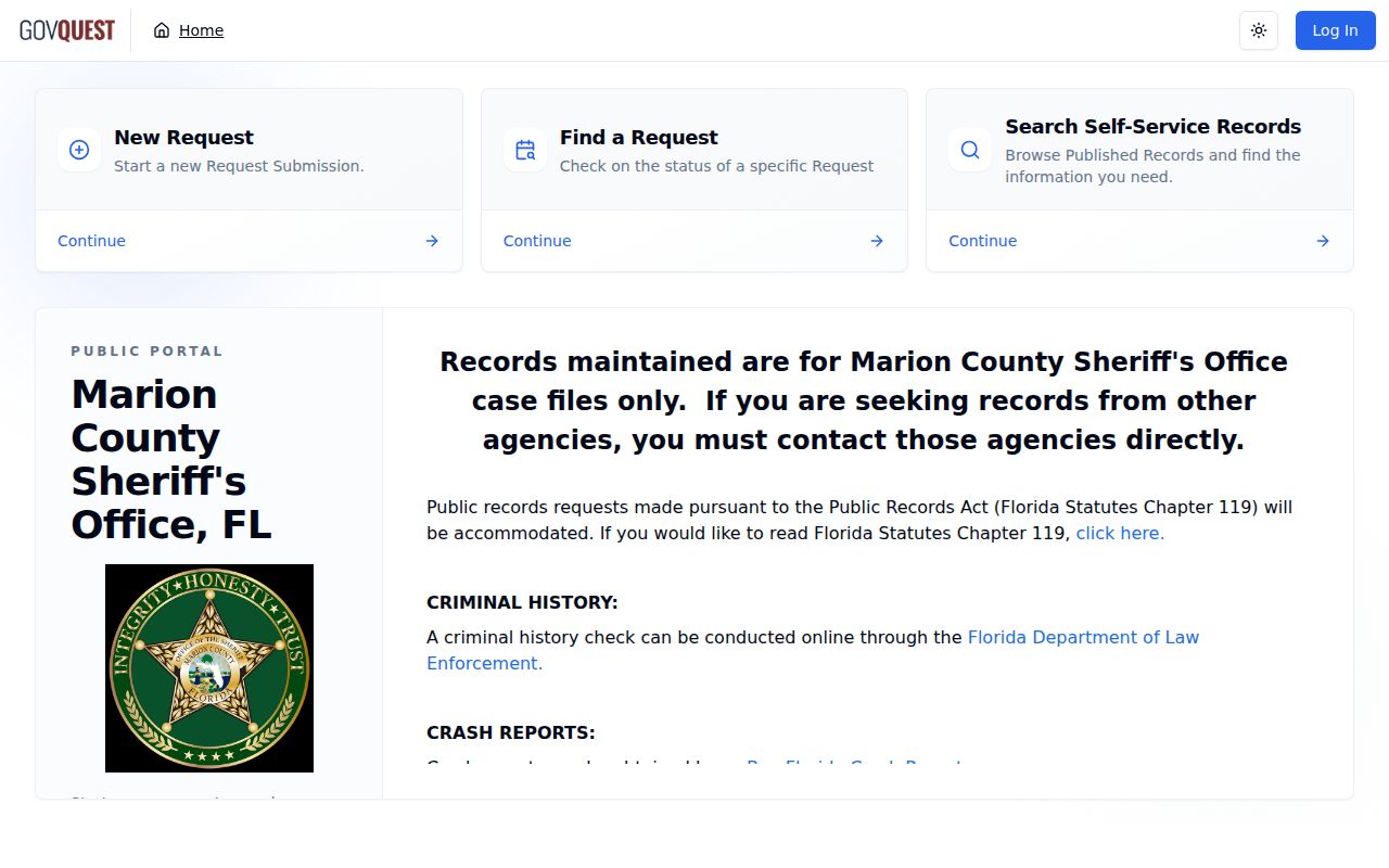 Marion County Sheriff's Office GovQuest public records request portal