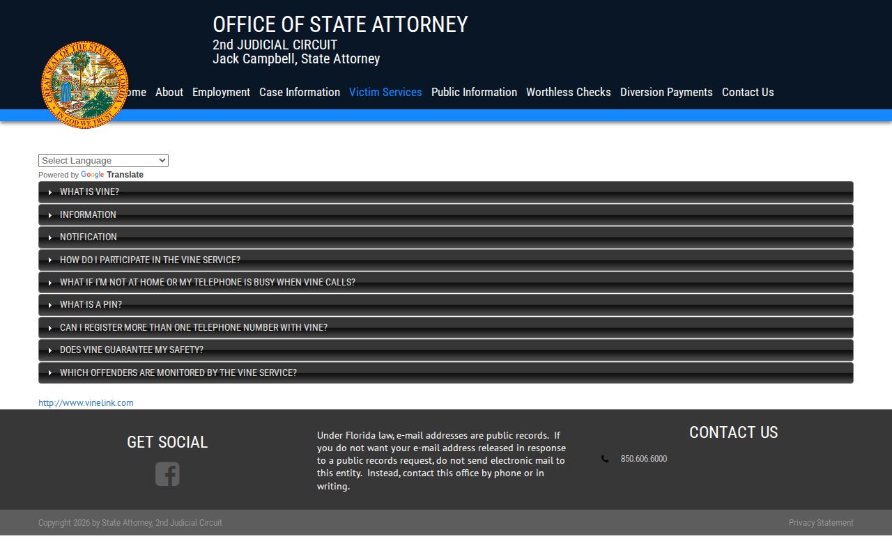 Florida VINE instructions describing custody search, phone registration, PIN, and safety warning