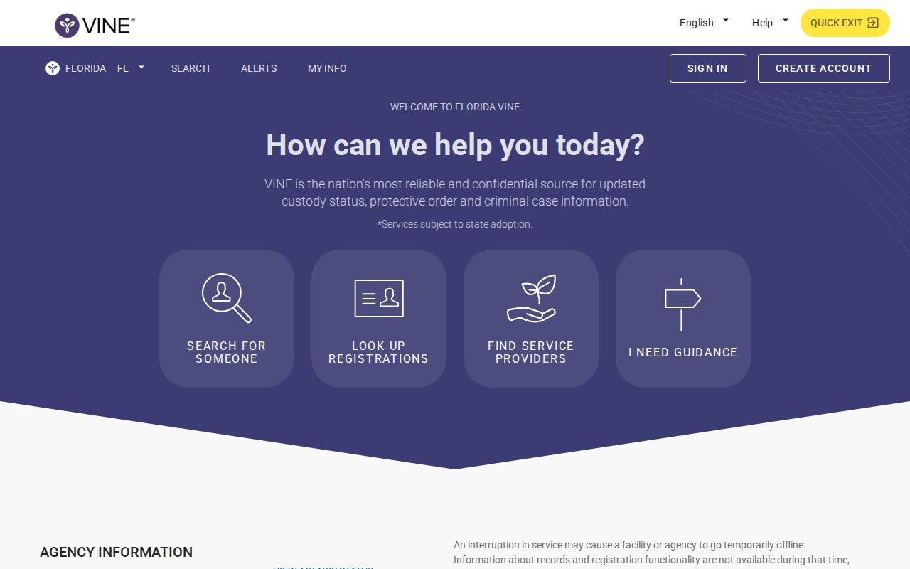 Florida VINELink search and custody-notification registration interface