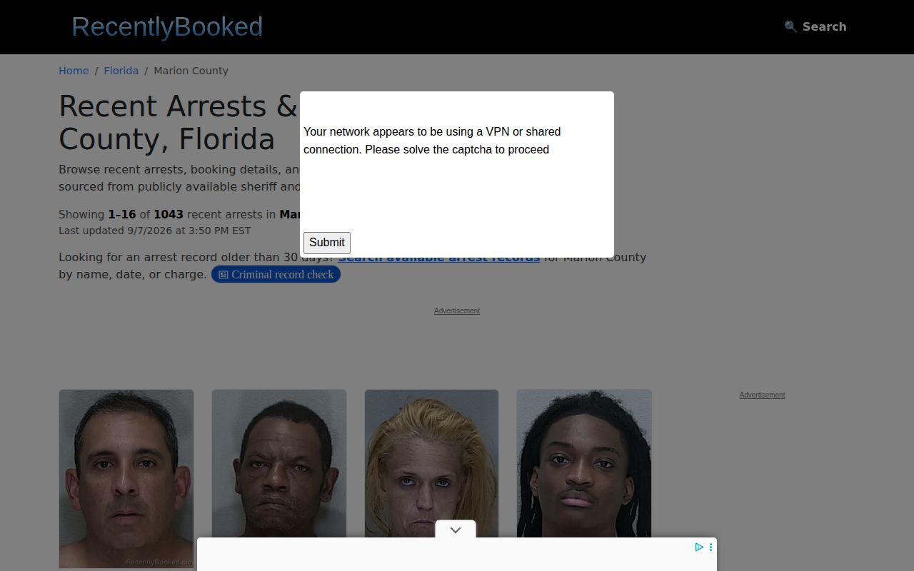 Unofficial Recently Booked Marion County page showing its county archive interface